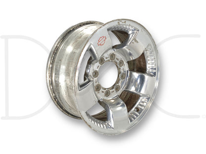 99-04 Ford F250 F350 Harley Davidson 18" Wheel 18X8 Rim OE 4C34-1007-AC, used with wear, deep scratches, and surface blemishes shown on chrome finish suitable for Super Duty trucks.