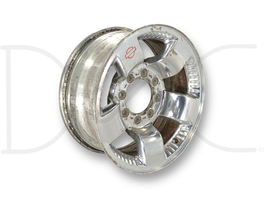 99-04 Ford F250 F350 Harley Davidson 18" Wheel 18X8 Rim OE 4C34-1007-AC, used with wear, deep scratches, and surface blemishes shown on chrome finish suitable for Super Duty trucks.
