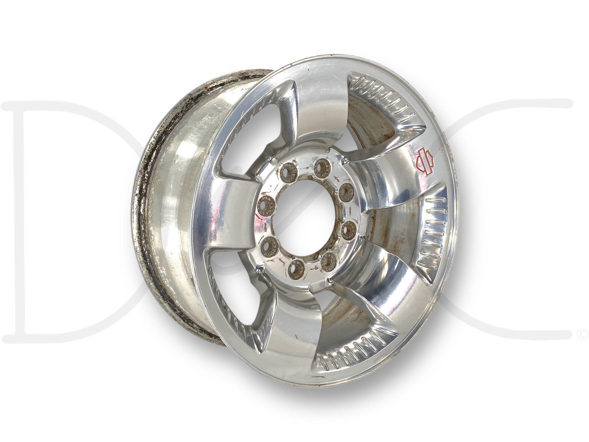 99-04 Ford F250 F350 Harley Davidson 18" Wheel 18X8 Rim OE 4C34-1007-AC used wheel with light wear, scratches, and surface blemishes, compatible with 99-04 Ford Excursion, F250, F350 trucks.