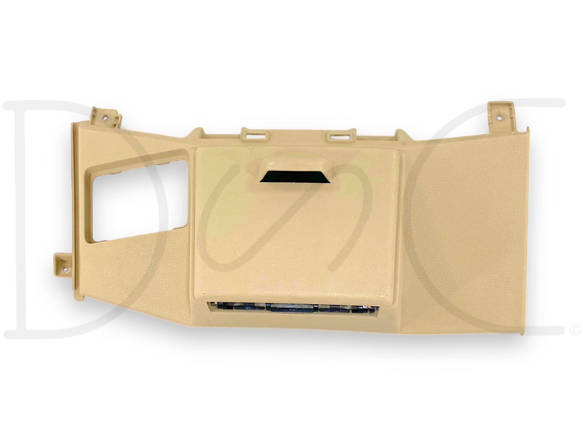 08-10 Ford F250 F350 Center Lower Dash Panel Camel Tan Dashboard Cupholder OE, used with light wear and a cracked cupholder housing near the center limit bracket, compatible with 2008-2010 Ford F-250 and F-350 Super Duty trucks, camel tan color.