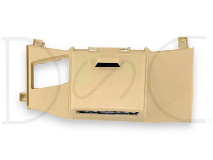 08-10 Ford F250 F350 Center Lower Dash Panel Camel Tan Dashboard Cupholder OE, used with light wear and a cracked cupholder housing near the center limit bracket, compatible with 2008-2010 Ford F-250 and F-350 Super Duty trucks, camel tan color.