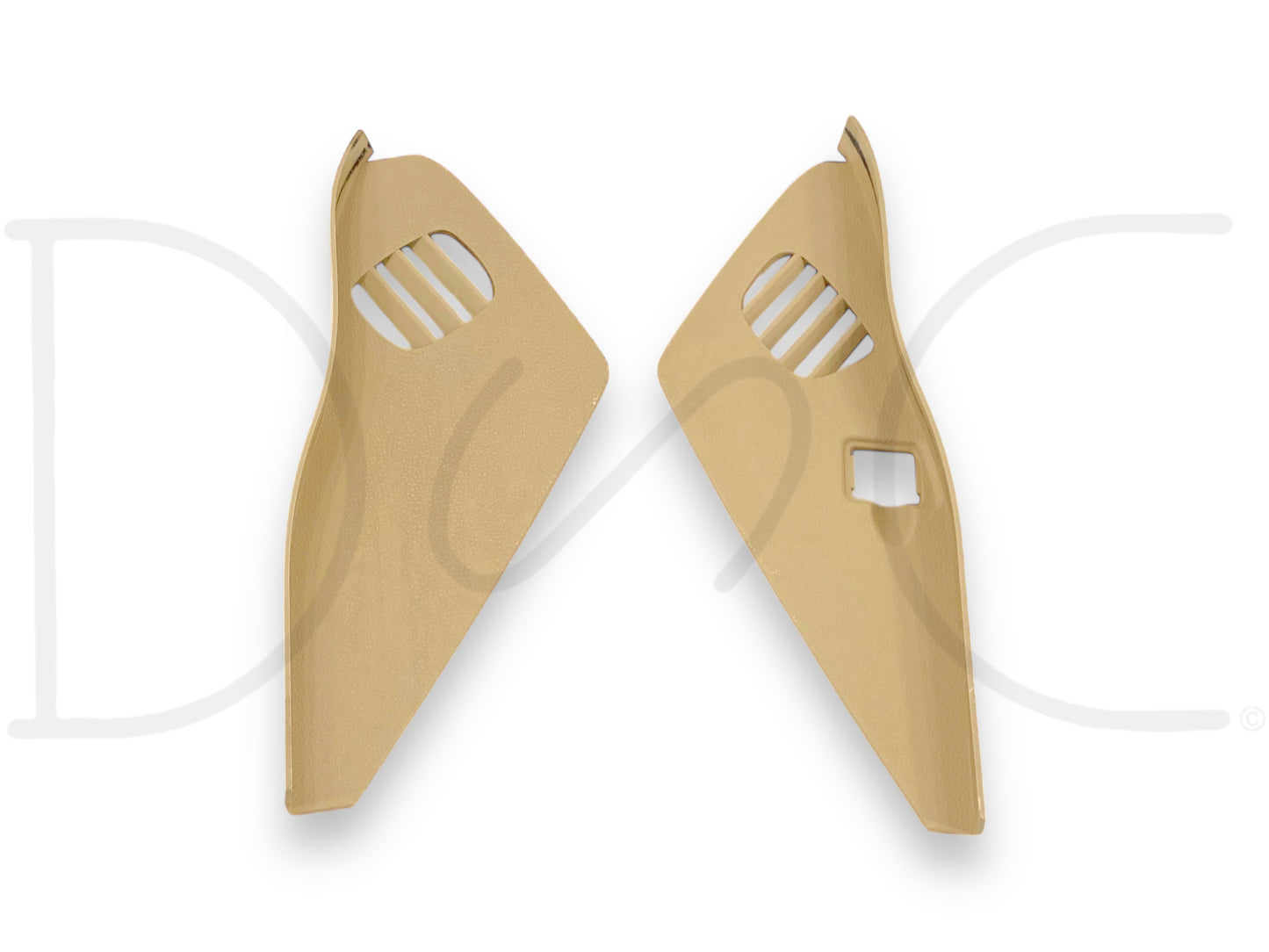 08-10 Ford F250 F350 LH RH Dash End Side Defrost Vent Trim Set Camel Tan OE, used with light wear, designed for 2008-2010 Ford Super Duty trucks including F-250, F-350, F-450, and F-550 models, camel tan color, OEM quality fitment for work truck interiors.