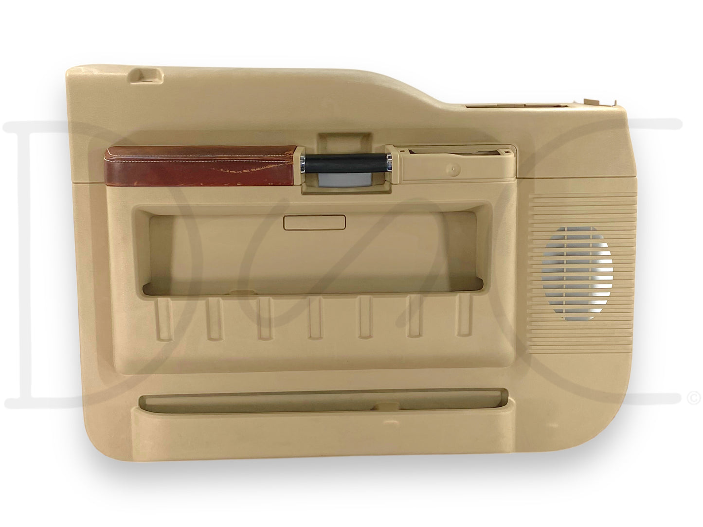 08-10 Ford F250 F350 King Ranch LH Left Driver Front Door Panel Camel Tan *Blem* with visible wear and tear on the leather armrest and fading on the top edge, designed for 2008-2010 Ford Super Duty trucks including F-250 and F-350 models, compatible with 6.4L Powerstroke engines.