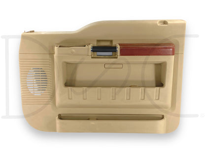 08-10 Ford F250 F350 King Ranch RH Right Passenger Front Door Panel Camel Tan, used condition with light wear and scratches on top edge, compatible with 2008-2010 Ford F-250, F-350 Super Duty trucks, including 6.4L Powerstroke models, featuring original equipment quality.
