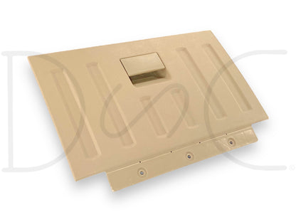 08-10 Ford F250 F350 Super Duty Camel Tan Glove Box Storage Compartment, used with good condition and light wear, designed for 2008-2010 Ford F-250, F-350, F-450, F-550 trucks, compatible with 6.4L Powerstroke diesel models.