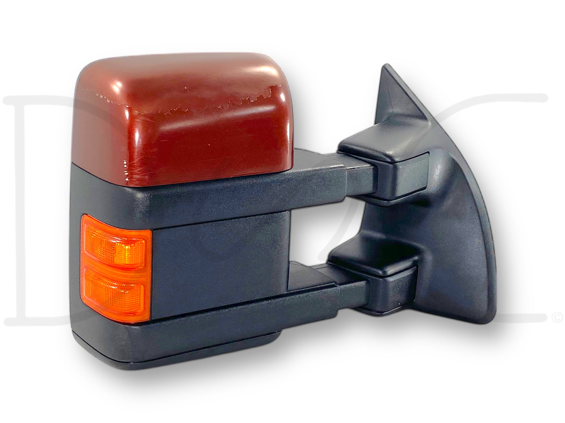 08-16 Ford F250 F350 RH Right Passenger Tow Mirror Power Fold Telescope Heat OEM with dark copper painted cap showing light wear and fading, compatible with 2008-2016 Ford F-250, F-350, F-450, and F-550 Super Duty trucks, includes integrated amber turn signal lens.