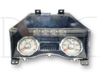 08-10 Ford F250 F350 Lariat 6.4L Diesel Instrument Gauge Cluster Speedometer with dual large dials for RPM and speed, smaller gauges for fuel and engine metrics, clear protective cover, used in Ford Super Duty trucks from 2008 to 2010 with light wear and 345,965 miles.