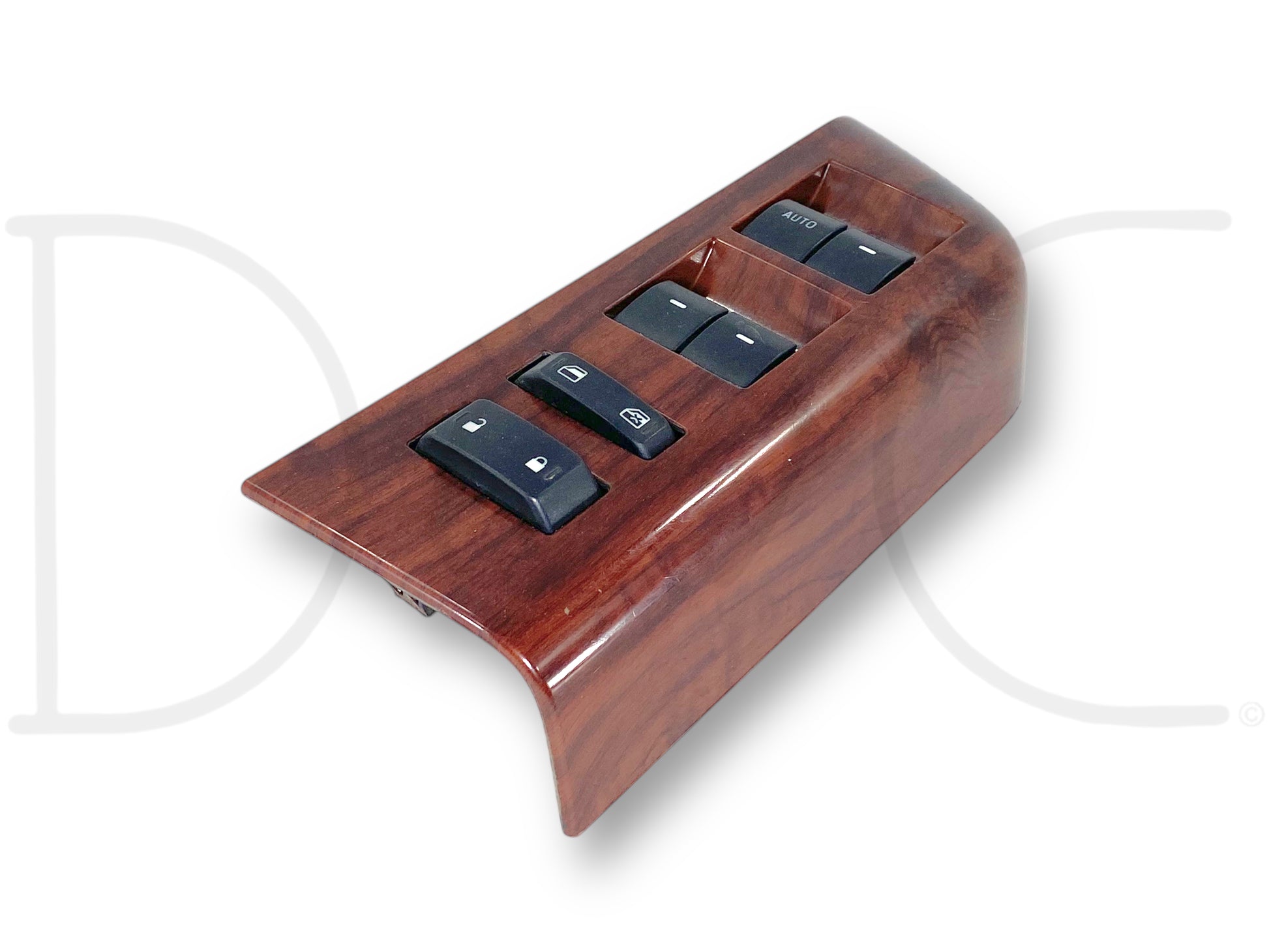 08-10 Ford F250 F350 LH Left Driver Front Power Window Lock Switch Panel Wood with a wood finish, featuring four black power window control buttons including a lock switch, compatible with 2008-2010 Ford Super Duty models, used condition with light wear.
