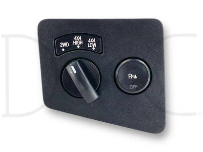 08-10 Ford F250 F350 4X4 4WD ESOF Transfer Case Switch W/ Park Sensor Button showing a black plastic switch panel with a rotary knob for selecting 2WD, 4X4 High, and 4X4 Low modes, and a round button for park sensor control, used with light wear.