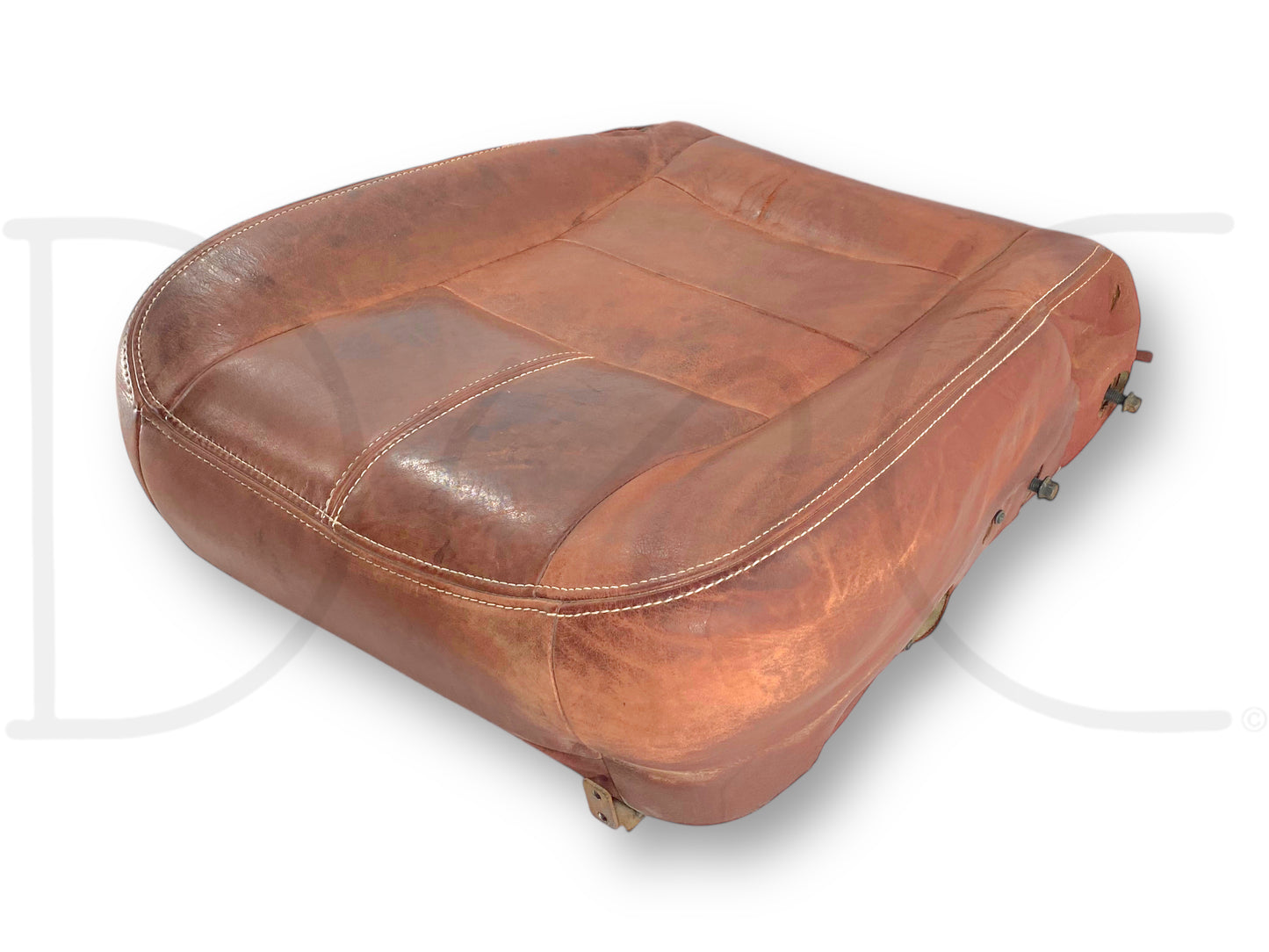 08-10 Ford F250 F350 King Ranch Leather LH Left Driver Seat Bottom Cushion Heat, used condition with light wear, fits 2008-2010 Ford F-250 F-350 F-450 F-550 trucks, genuine OE quality replacement part for driver side seat bottom cushion with heating function in dark copper leather.