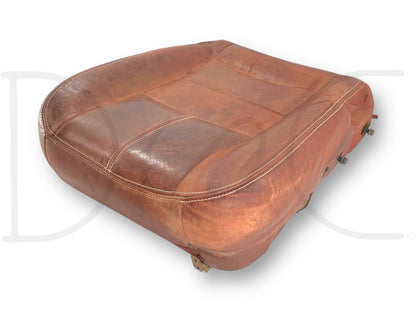 08-10 Ford F250 F350 King Ranch Leather LH Left Driver Seat Bottom Cushion Heat, used condition with light wear, fits 2008-2010 Ford F-250 F-350 F-450 F-550 trucks, genuine OE quality replacement part for driver side seat bottom cushion with heating function in dark copper leather.