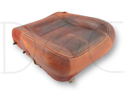 08-10 Ford F250 F350 King Ranch Leather RH Right Passenger Seat Bottom Cushion in used good condition with light wear, compatible with 2008-2010 Ford F-250, F-350, F-450, and F-550 Super Duty trucks, featuring dark copper leather upholstery.