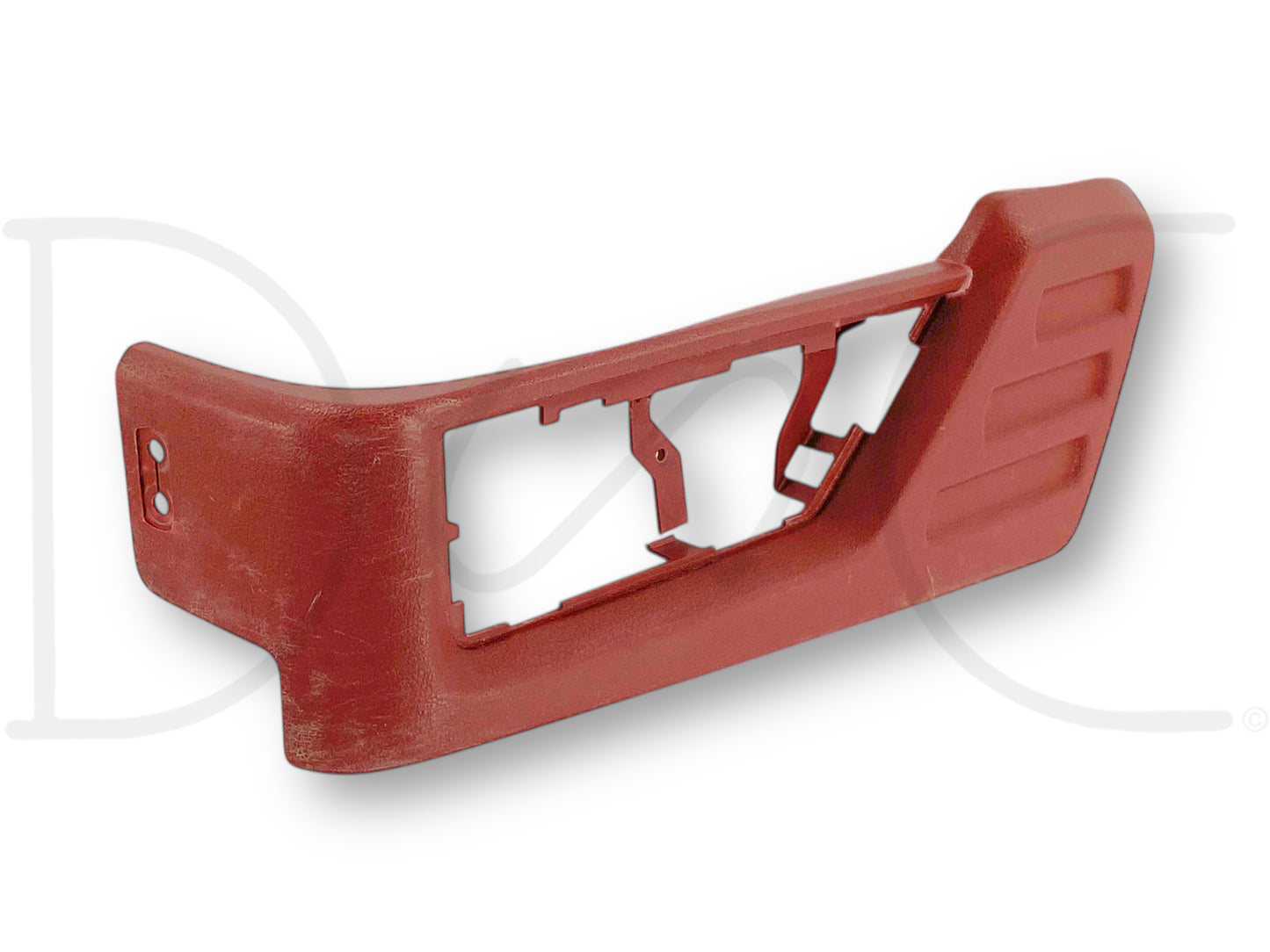 08-10 Ford F250 F350 King Ranch LH Left Driver Seat Side Trim Bezel *Blem*, used part with light wear, dark copper color, showing cracks at upper corner of bezel and lower edge of center mounting bracket, compatible with 2008-2010 Ford Super Duty trucks.