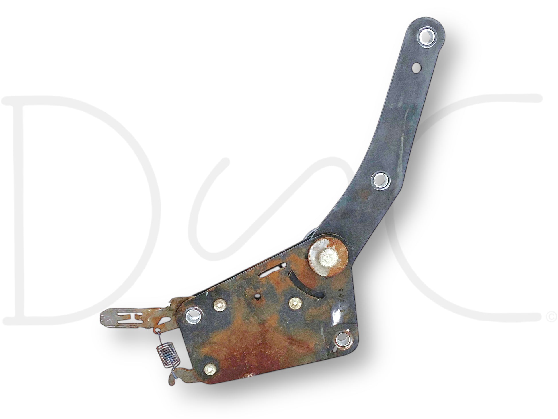 08-10 Ford F250 F350 LH Left Driver Seat Back Recline Tilt Lean Hinge Bracket OE showing metal seat hinge bracket with light surface rust and signs of used condition, compatible with 2008 to 2010 Ford F-250, F-350, F-450, and F-550 trucks.