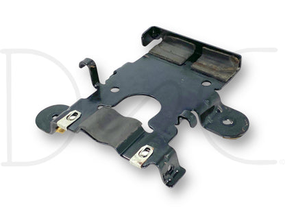 08-16 Ford F250 F350 Super Duty Spare Tire Emergency Jack Mount Bracket Holder made of metal with black finish, showing light wear. Compatible with 2008-2016 F-250 and F-350 trucks including 6.4L Powerstroke models, designed for secure mounting of spare tire jack assembly.
