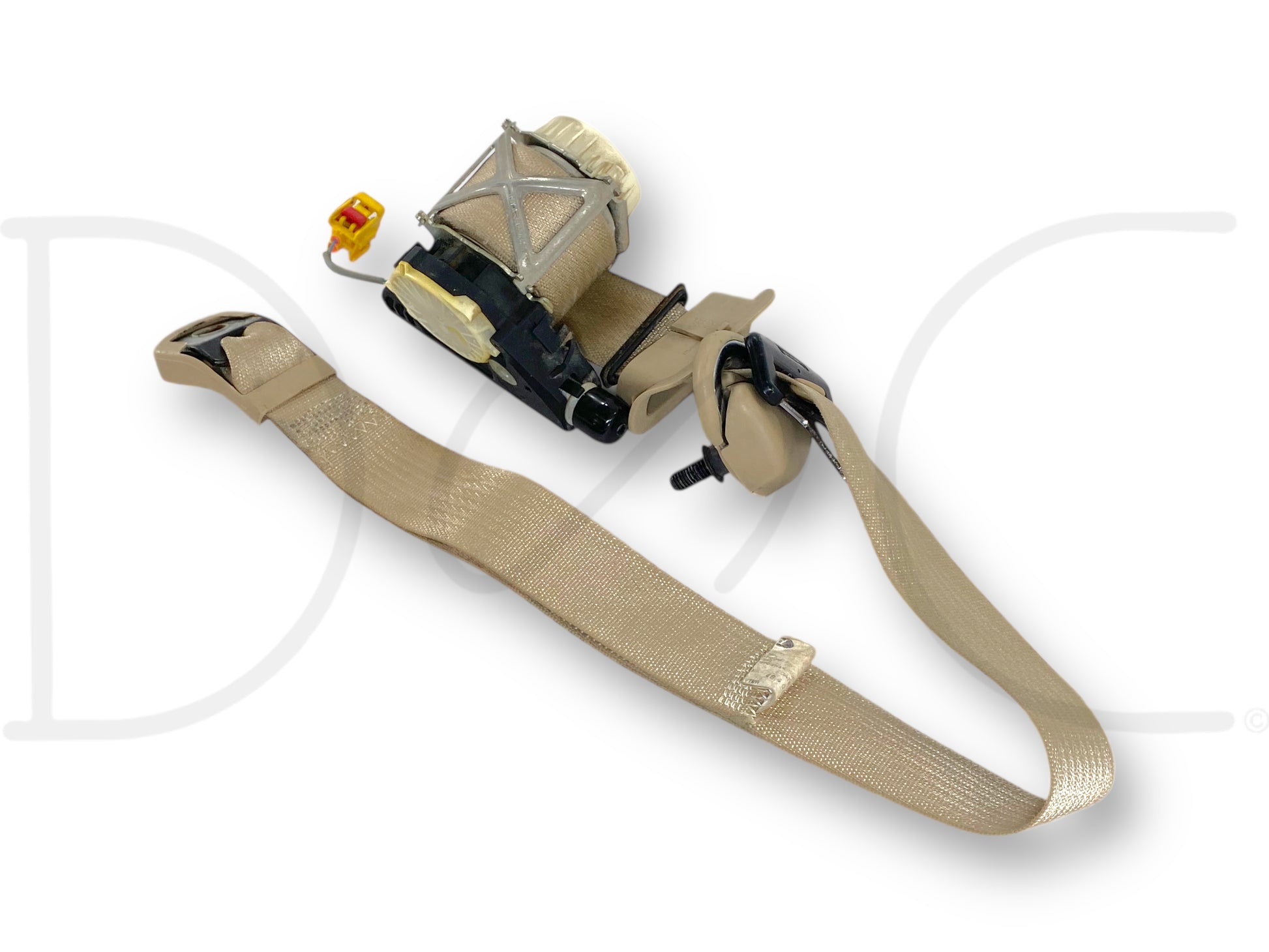 08-10 Ford F250 F350 LH Left Driver Front Seat Belt Seatbelt Camel Tan OE with light wear and small stains, compatible with 2008-2010 Ford F-250, F-350, F-450, and F-550 trucks, features genuine OE construction and includes retractor, buckle, and mounting hardware.