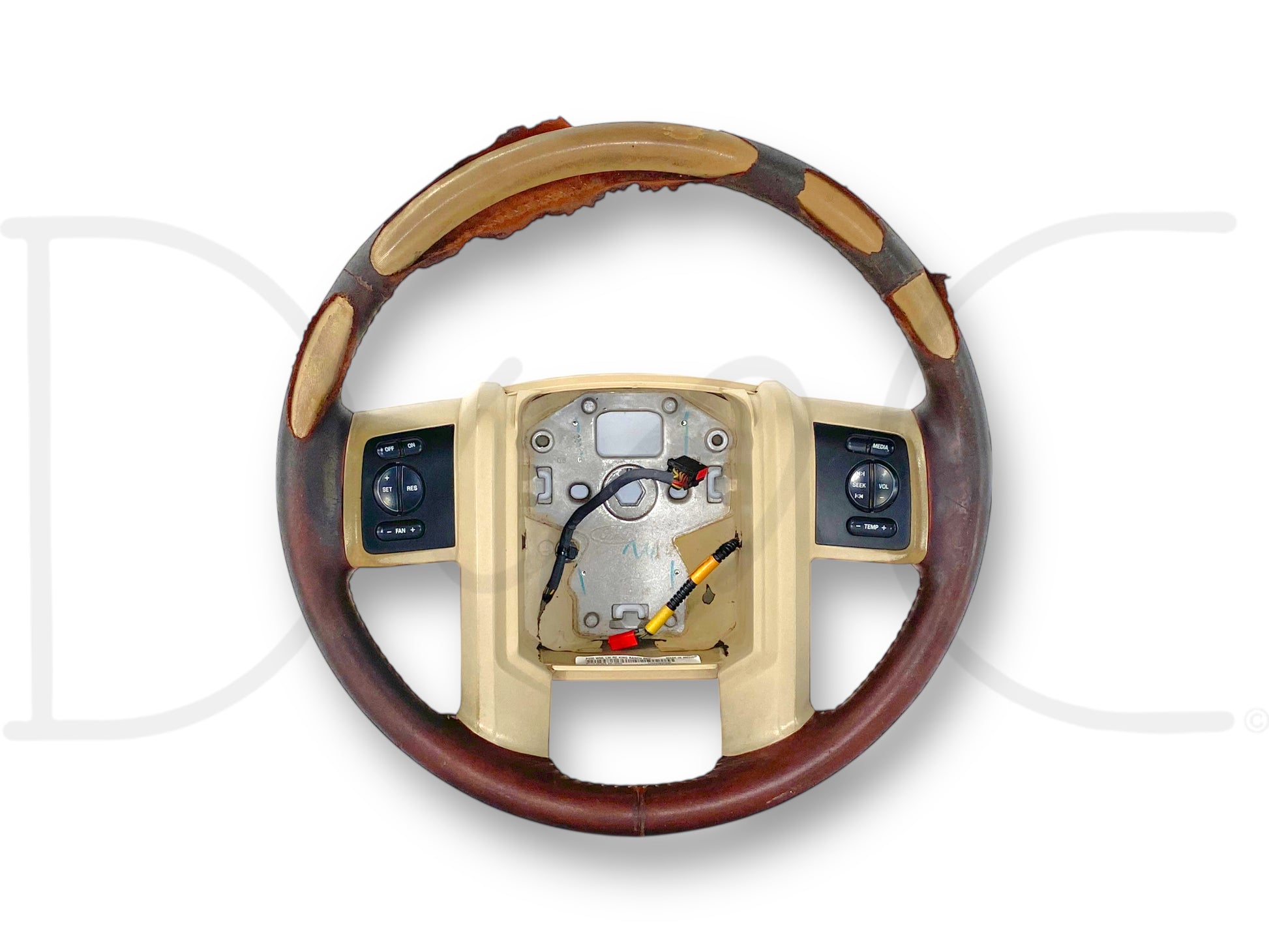 08-10 Ford F250 F350 King Ranch Steering Wheel W/ Cruise Audio Temp Fan *Blem* showing significant leather wrap damage and wear on plastics, used condition, compatible with 2008-2010 Ford F-250, F-350, F-450, and F-550 Super Duty models with OE cruise and audio controls.