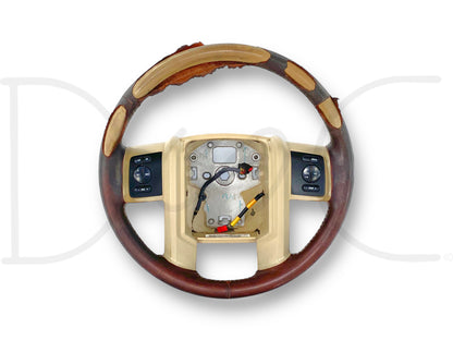 08-10 Ford F250 F350 King Ranch Steering Wheel W/ Cruise Audio Temp Fan *Blem* showing significant leather wrap damage and wear on plastics, used condition, compatible with 2008-2010 Ford F-250, F-350, F-450, and F-550 Super Duty models with OE cruise and audio controls.