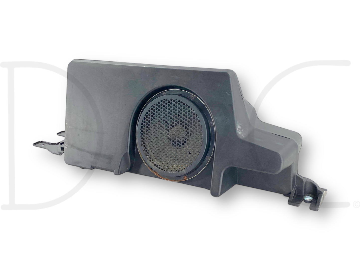 08-10 Ford F250 F350 Stereo Subwoofer W/ Amplifier OEM 7C3T-18C804-Bb3Ja6 shown in used condition with light wear and small cosmetic blemishes, a black plastic housing subwoofer and amplifier designed for 2008-2010 Ford Super Duty trucks including F-250, F-350, F-450, and F-550 models.