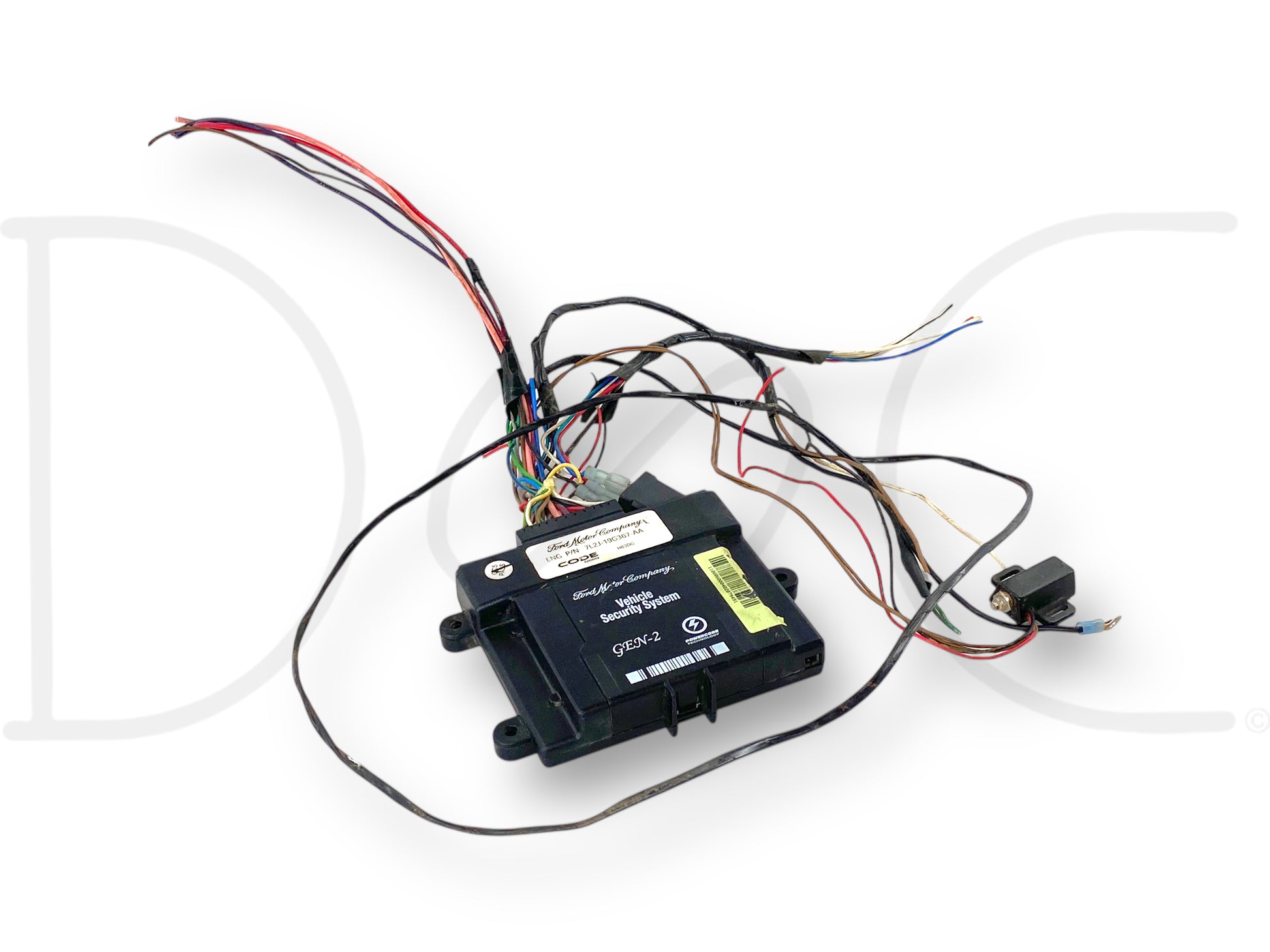 Ford Vehicle Security System Remote Keyless Entry Alarm Module 7L2J-19G367-Aa with wiring harness, used condition with light wear, compatible with 2008-2010 Ford F-250, F-350, F-450, and F-550 trucks, suitable for 6.4L Powerstroke diesel models.
