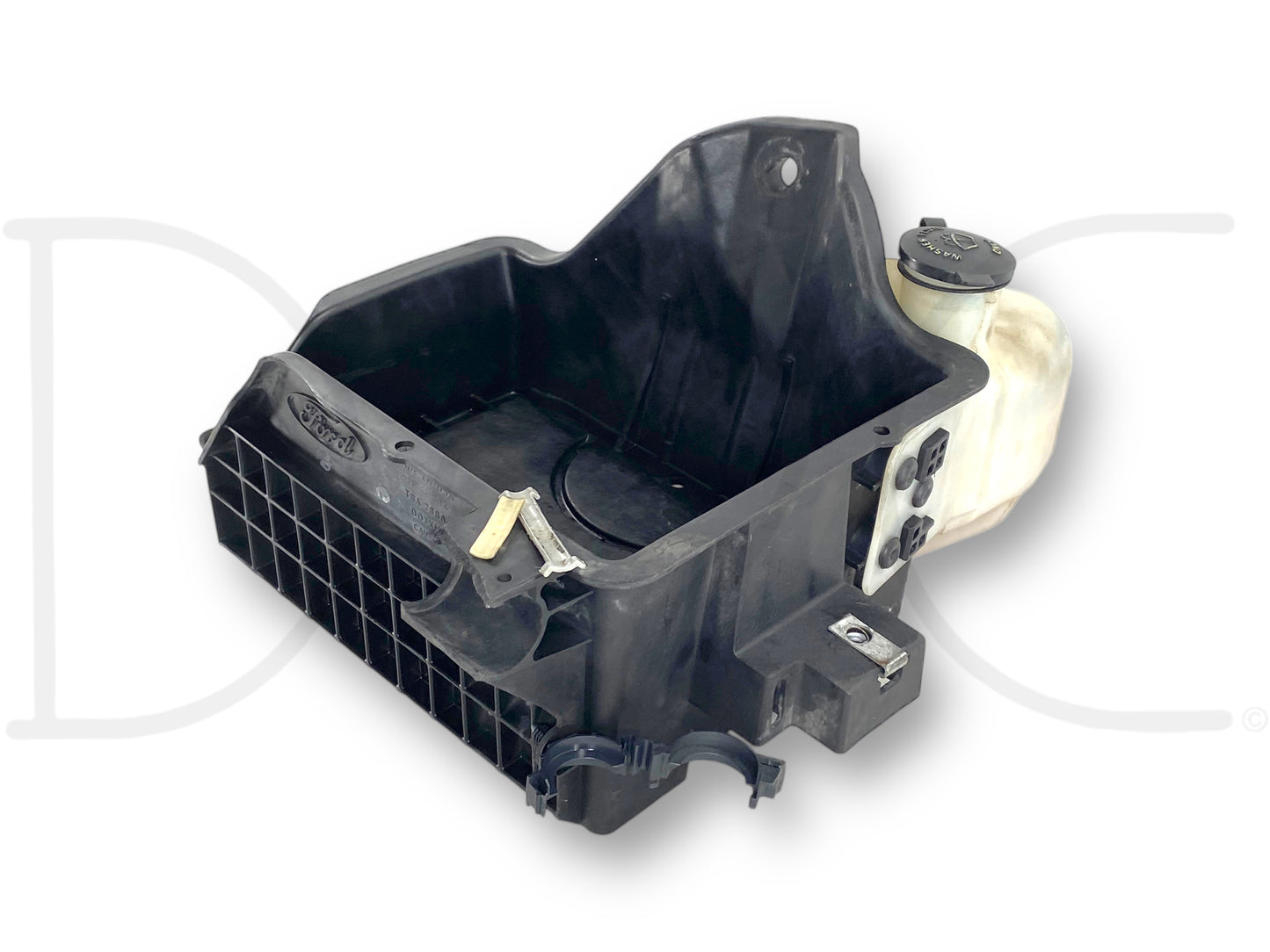 08-10 Ford F250 F350 Battery Tray Windshield Washer Fluid Tank Reservoir, used with light wear, featuring a broken corner on the AC line holder clip, compatible with 2008-2010 F-250, F-350, F-450, and F-550 models, made from durable black plastic with attached white fluid tank.