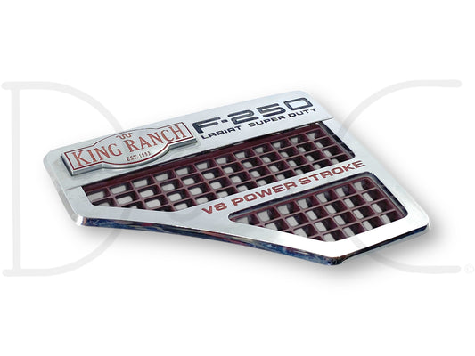 08-10 F250 F-250 King Ranch LH Left Driver Super Duty Fender Badge Emblem Plate showing a used chrome and dark copper emblem with King Ranch branding, F-250 Lariat Super Duty text, and V8 Power Stroke designation, designed for 2008-2010 Ford F-250 trucks.