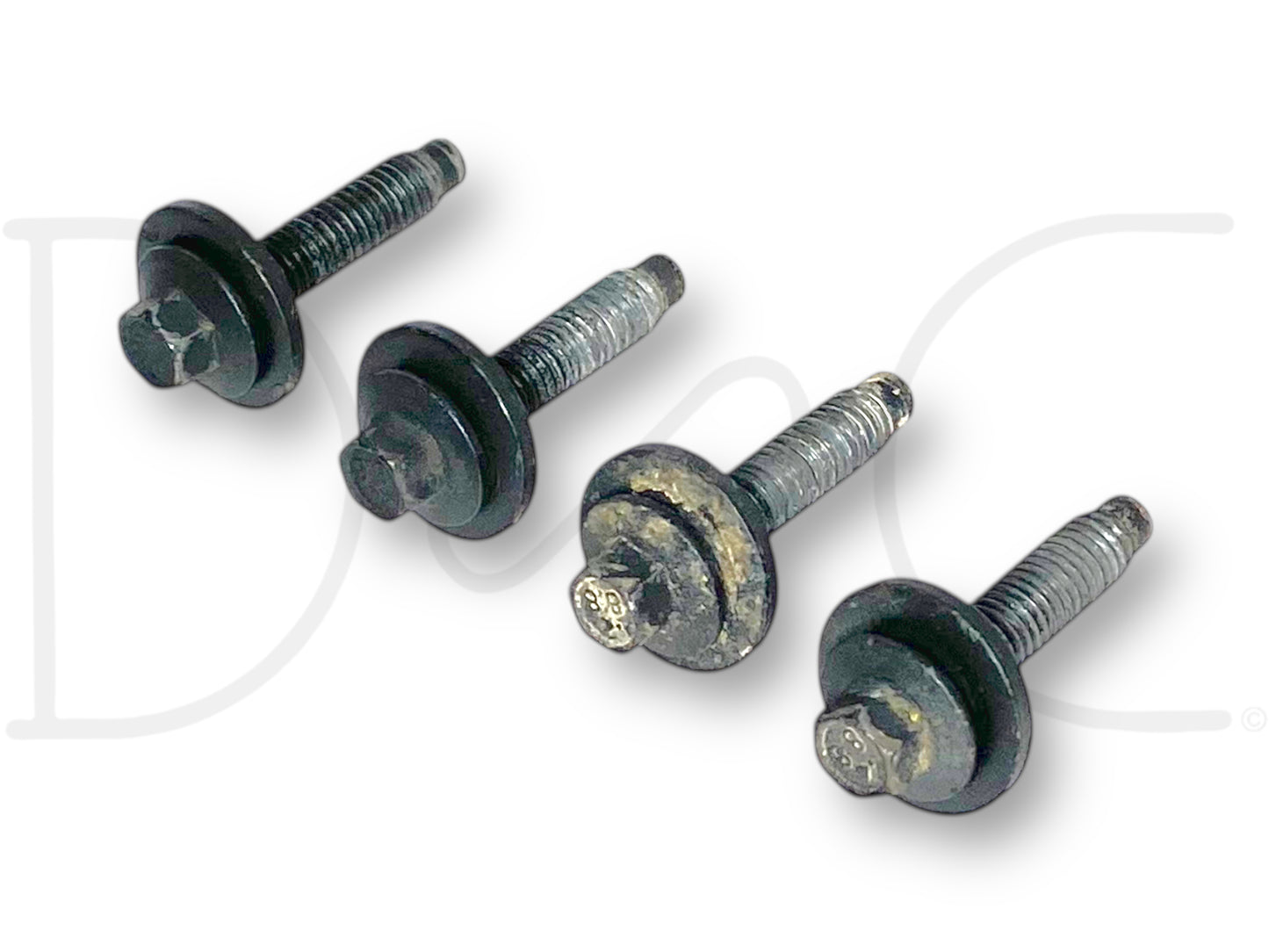 08-10 Ford F250 F350 Headlight Mounting Bolt Set [4] 7MM Hex Bolts OEM, used with light wear, featuring black hex bolt heads with attached washers, compatible with 2008-2010 Ford F-250 and F-350 Super Duty trucks.