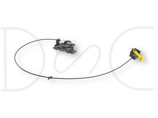 08-10 Ford F250 F350 Front Hood Latch Catch Lock Release Cable Assembly used in good condition with light wear, compatible with 2008-2010 Ford F-250, F-350, F-450, F-550 Super Duty trucks, featuring OEM-quality components and a yellow latch handle.