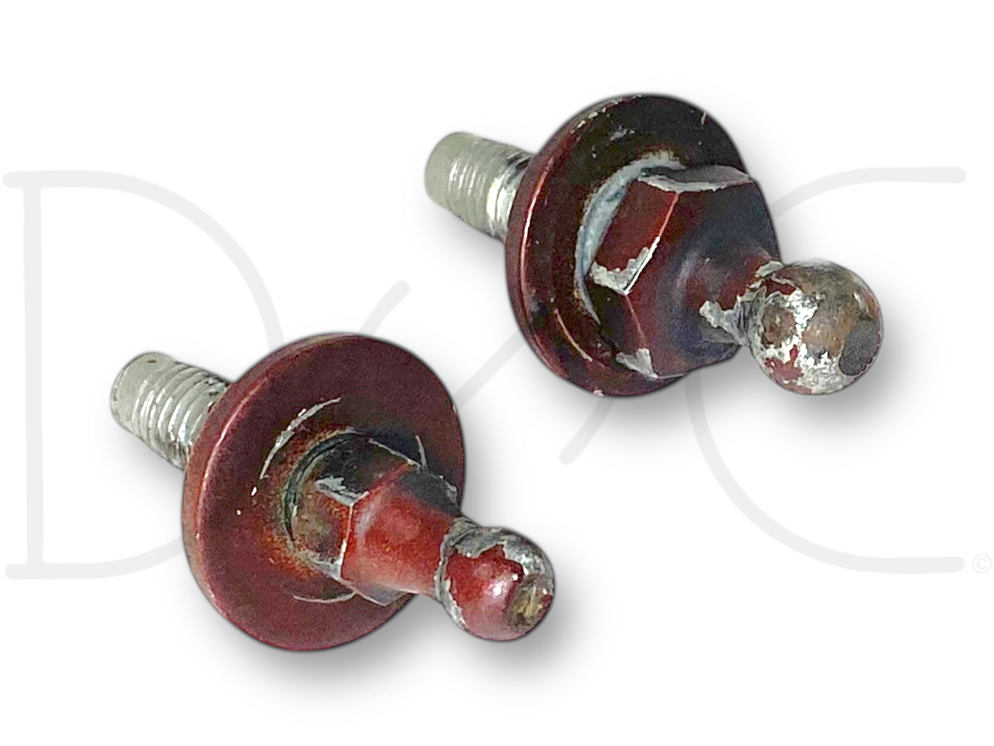 08-10 Ford F250 F350 Hood Strut Support Shock Ball Lower Stud Pair Set shown used with light wear, featuring rust-resistant coating on the ball studs designed for secure attachment in Super Duty truck hood strut assemblies for 2008-2010 Ford F250 and F350 models.