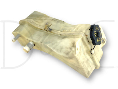 Used light-colored plastic power steering fluid reservoir with three ports and black cap, showing some light wear and grime, compatible with Ford Super Duty trucks, labeled as 08-10 Ford F250 F350 6.4L Power Steering Fluid Reservoir 3 Port 7C34-3R700-Be.