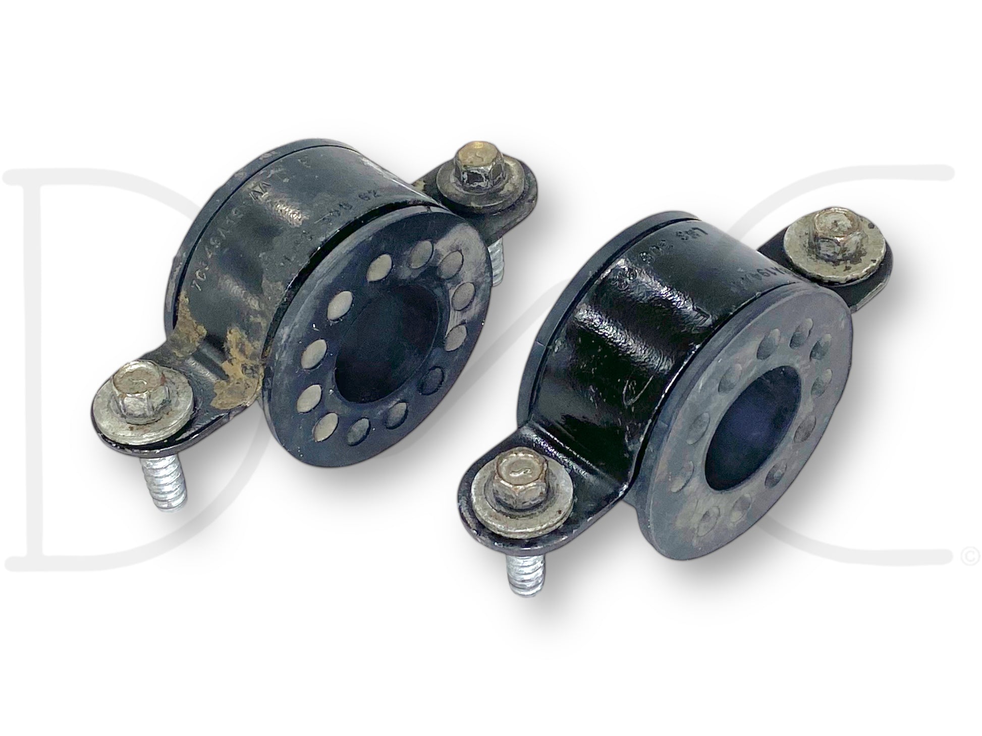 08-16 Ford F250 F350 Upper Radiator Mount Bracket Pair OE Brackets Bushings, used condition with light wear, featuring metal and rubber construction designed for 2008-2016 Ford F-250, F-350, F-450, and F-550 Super Duty trucks for secure radiator mounting.