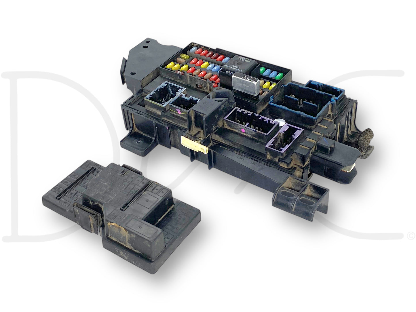 08-10 Ford F250 F350 BCM Fuse Relay Smart Junction Box Module 7C3T-15604-Cl used in good condition with light wear, removed from a 2008 Ford F-250 King Ranch 6.4L Powerstroke diesel truck, featuring several fuse slots and multiple electrical connectors for Super Duty models.
