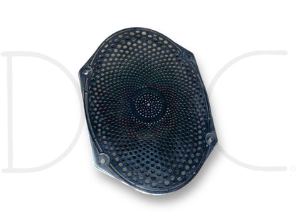 08-16 Ford F250 F350 Super Duty Door Speaker OE 50W 7E5T-18808-Aa shown with a perforated black metal protective grille, used condition with light wear, compatible with 2008-2016 Ford F-250, F-350, F-450, and F-550 trucks, suitable for diesel Super Duty models.