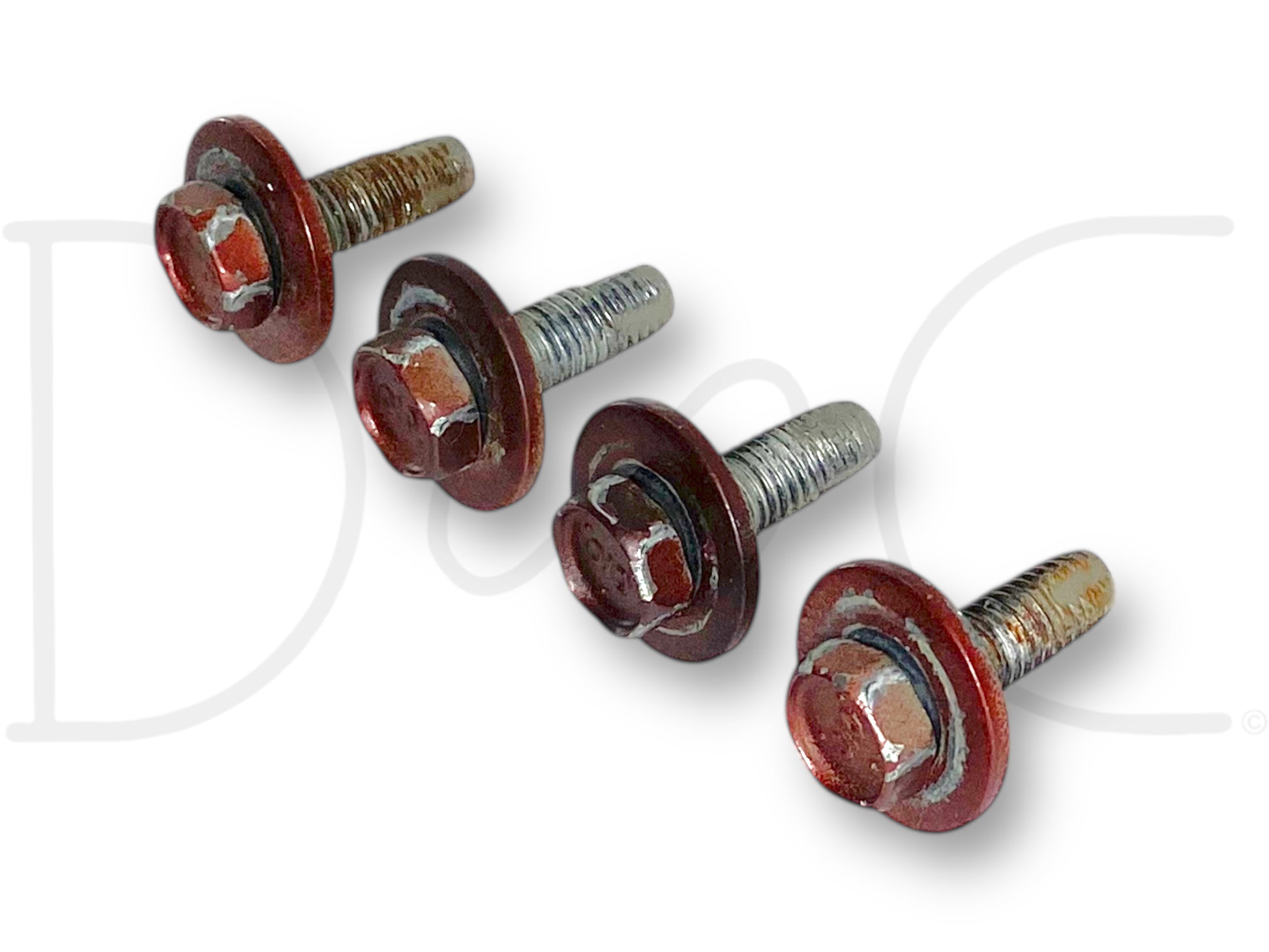 08-10 Ford F250 F350 Super Duty Hood Hinge Bolt Set 4 Bolts OEM, used condition with light wear, featuring rust on some bolts, designed for 2008-2010 Ford Super Duty trucks including F-250, F-350, F-450, and F-550 models.