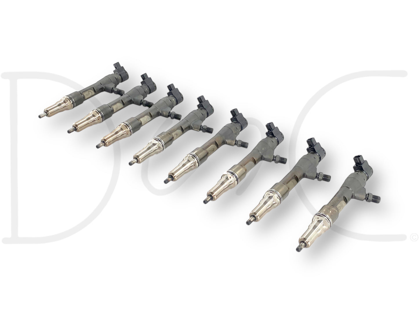 08-10 Ford F250 F350 6.4 6.4L Diesel Fuel Injector Set (8) Injectors *Cores* displayed in a row, showing used fuel injectors compatible with Ford Super Duty 6.4L Powerstroke diesel engines, designed for parts or rebuild applications.