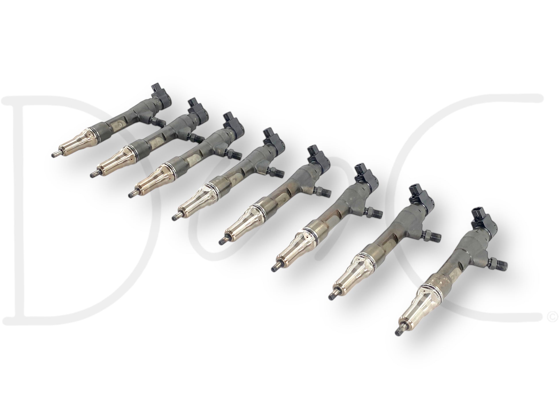 08-10 Ford F250 F350 6.4 6.4L Diesel Fuel Injector Set (8) Injectors *Cores* displayed in a row, showing used fuel injectors compatible with Ford Super Duty 6.4L Powerstroke diesel engines, designed for parts or rebuild applications.