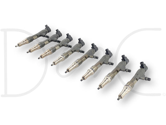 08-10 Ford F250 F350 6.4 6.4L Diesel Fuel Injector Set (8) Injectors *Cores* displayed in a row, showing used fuel injectors compatible with Ford Super Duty 6.4L Powerstroke diesel engines, designed for parts or rebuild applications.
