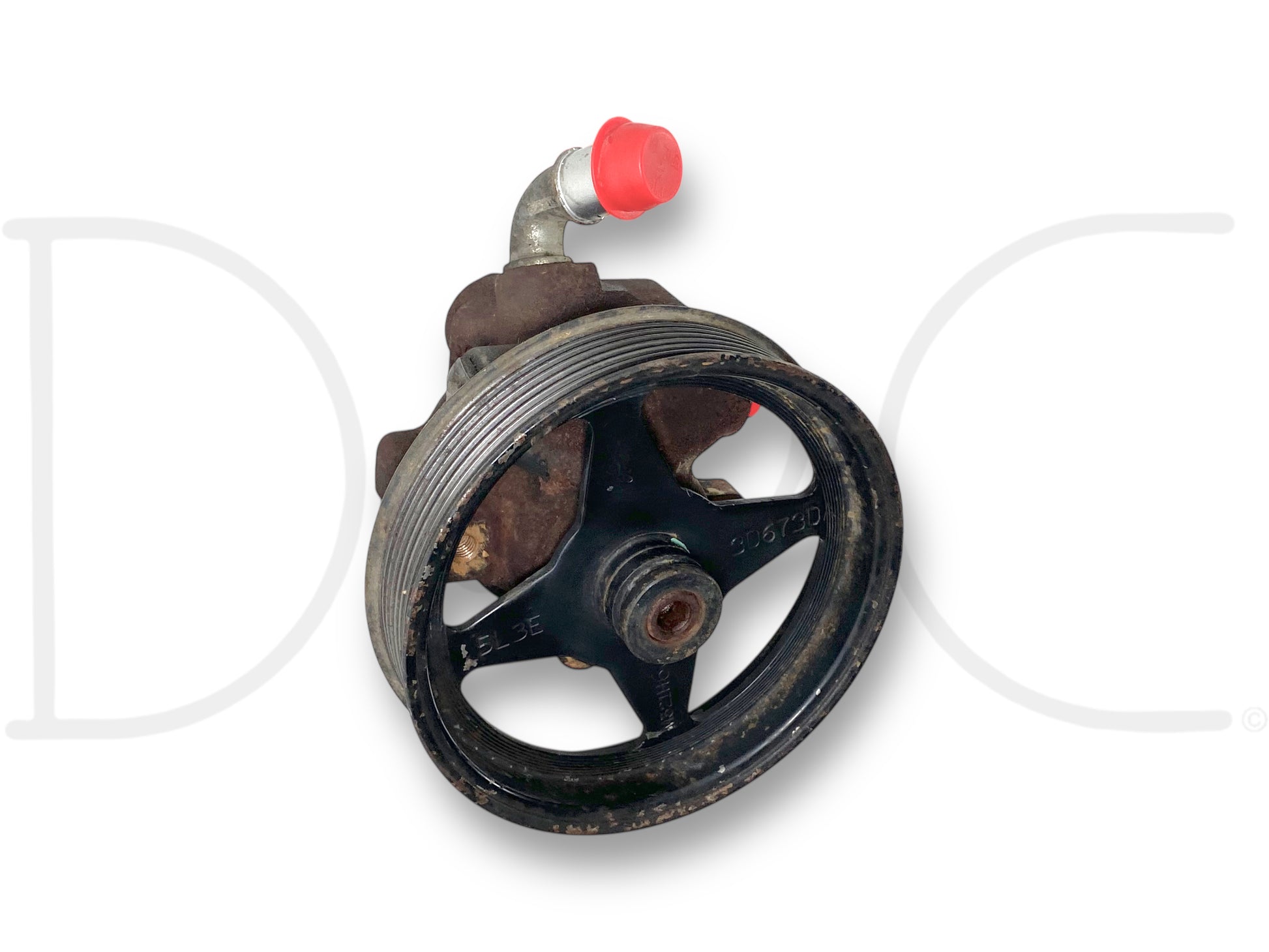 08-10 Ford F250 F350 6.4 6.4L Diesel Power Steering Pump W/ Pulley OE showing used condition with light wear, featuring the pulley wheel, metal housing, and a capped inlet, compatible with 2008-2010 Ford F-250, F-350, F-450, and F-550 Super Duty models.