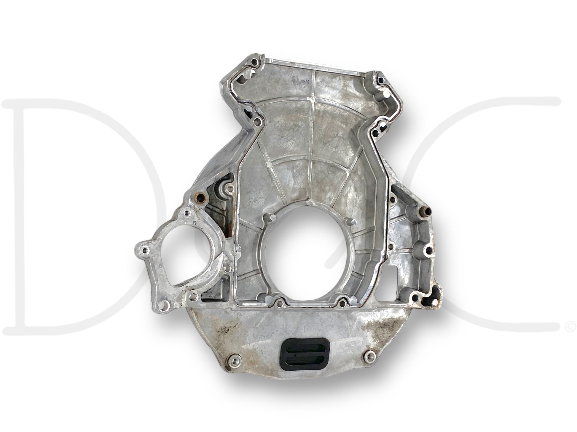 Used 03-10 Ford F250 F350 6.0 6.4 5R110 Auto Trans Rear Engine Adapter Plate OEM with light wear, removed from 2008 Ford F-250 King Ranch 6.4L Diesel 5R110 automatic transmission 4WD CCSB, designed for compatibility with Ford Super Duty truck models.