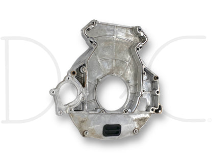 Used 03-10 Ford F250 F350 6.0 6.4 5R110 Auto Trans Rear Engine Adapter Plate OEM with light wear, removed from 2008 Ford F-250 King Ranch 6.4L Diesel 5R110 automatic transmission 4WD CCSB, designed for compatibility with Ford Super Duty truck models.