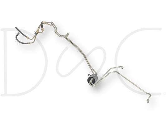 08-10 Ford F250 F350 6.4 6.4L 5R110 Auto Transmission Cooler Lines Filter OE used part with light wear on rubber hose ends, removed from a 2008 Ford F-250 King Ranch 6.4L Diesel 4WD truck, designed for fitment on 2008-2010 F-250, F-350, F-450, and F-550 models.
