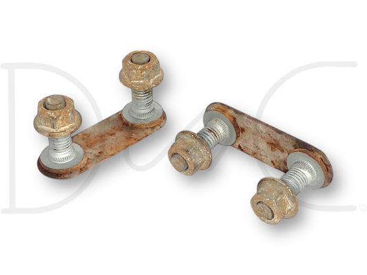 08-16 Ford F250 F350 Super Duty Rear Bumper Bolt Set OE Hardware Bolts, used with light wear, showing rusted metal plates and bolts designed for heavy-duty truck rear bumper installation, compatible with Ford F-250 and F-350 models from 2008 to 2016.