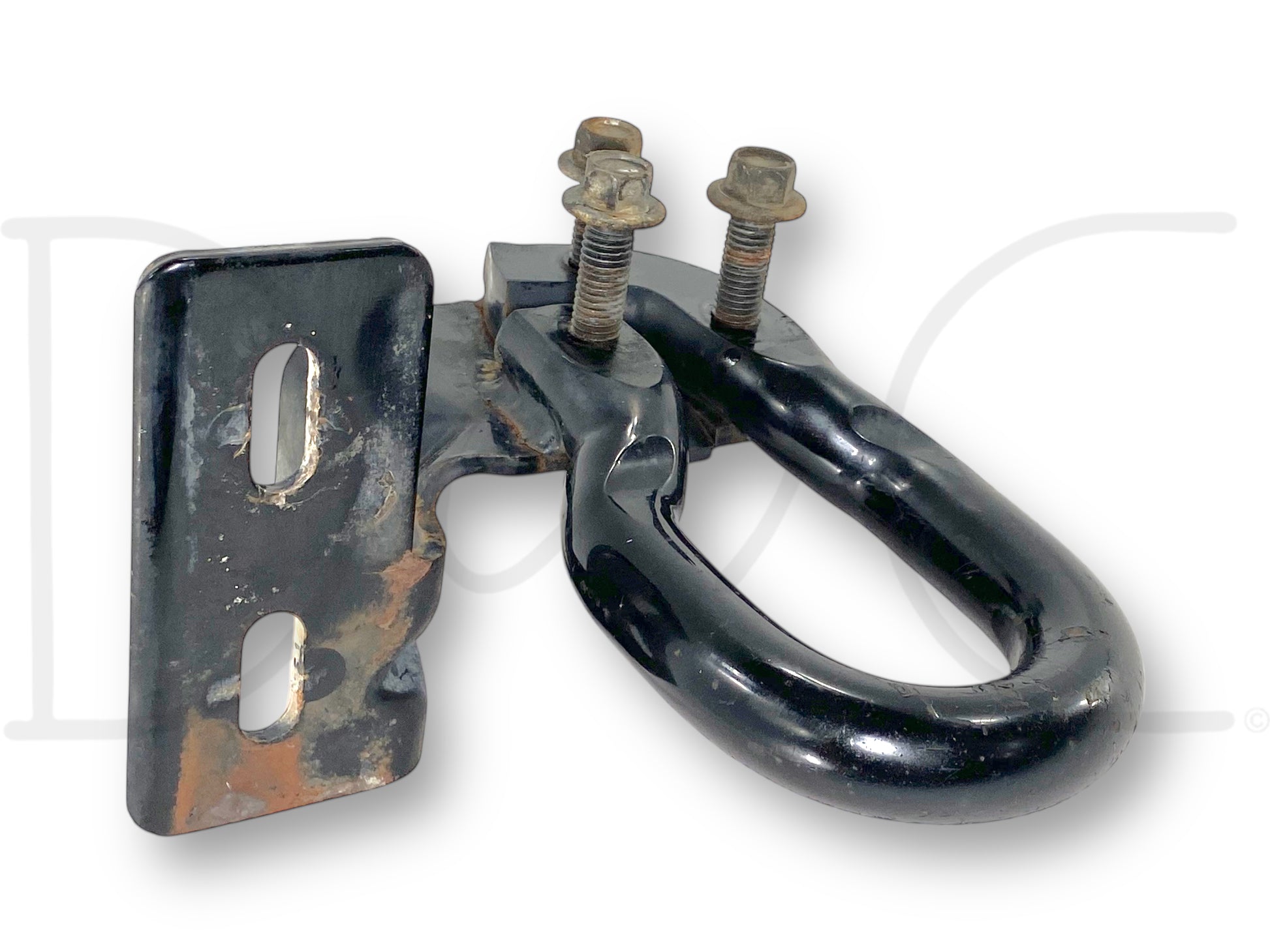 08-10 Ford F250 F350 LH Bumper Bracket Tow Hook Loop Black 7C34-17A954-AB *Blem*, used condition with light wear and small cracks at edge, compatible with 2008-2010 Ford F-250, F-350, F-450, F-550 trucks, OEM style black metal construction.