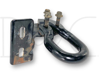 08-10 Ford F250 F350 LH Bumper Bracket Tow Hook Loop Black 7C34-17A954-AB *Blem*, used condition with light wear and small cracks at edge, compatible with 2008-2010 Ford F-250, F-350, F-450, F-550 trucks, OEM style black metal construction.