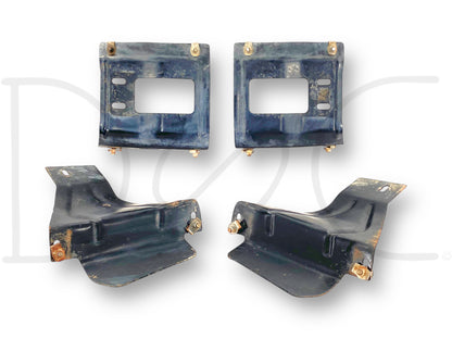 08-10 Ford F250 F350 Front Bumper Bracket Set 4 OE Brackets, used with light wear, removed from a 2008 Ford F-250 King Ranch 6.4L Powerstroke 4WD truck, showing four black metal brackets with mounting points for Super Duty front bumper installation.