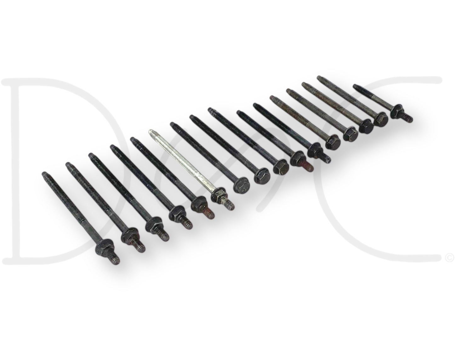 08-10 Ford F250 F350 6.4 6.4L Intake Manifold Bolts Bolt Set 16 Pc OEM arranged in a row showing varied lengths and wear, used but in good condition, compatible with 2008-2010 Ford F-250 and F-350 trucks, suitable for diesel engine intake manifold installation.