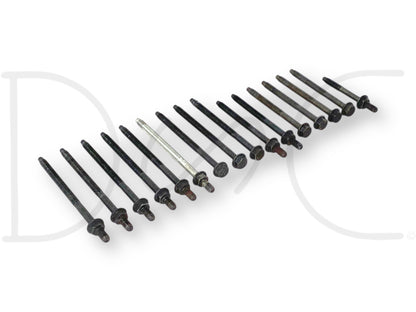 08-10 Ford F250 F350 6.4 6.4L Intake Manifold Bolts Bolt Set 16 Pc OEM arranged in a row showing varied lengths and wear, used but in good condition, compatible with 2008-2010 Ford F-250 and F-350 trucks, suitable for diesel engine intake manifold installation.