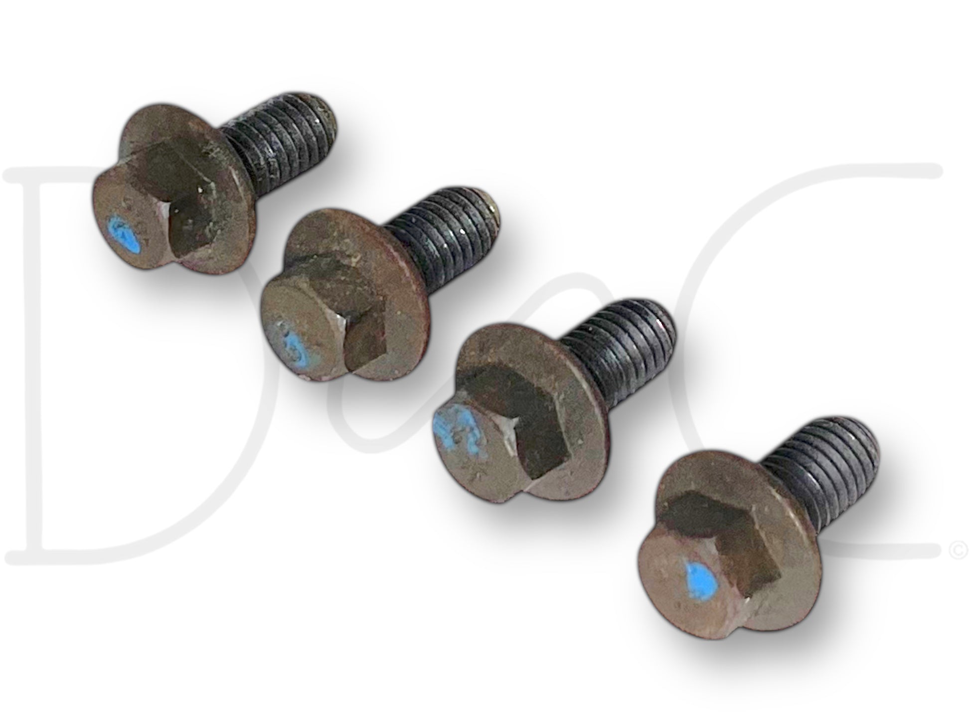 Set of four used bolts with light wear, designed for securing the water pump pulley on 08-10 Ford F250 F350 6.4 6.4L Diesel engines, labeled as "08-10 Ford F250 F350 6.4 6.4L Diesel Water Pump Pulley Bolts OE Bolt Set" for reliable OE fitment.