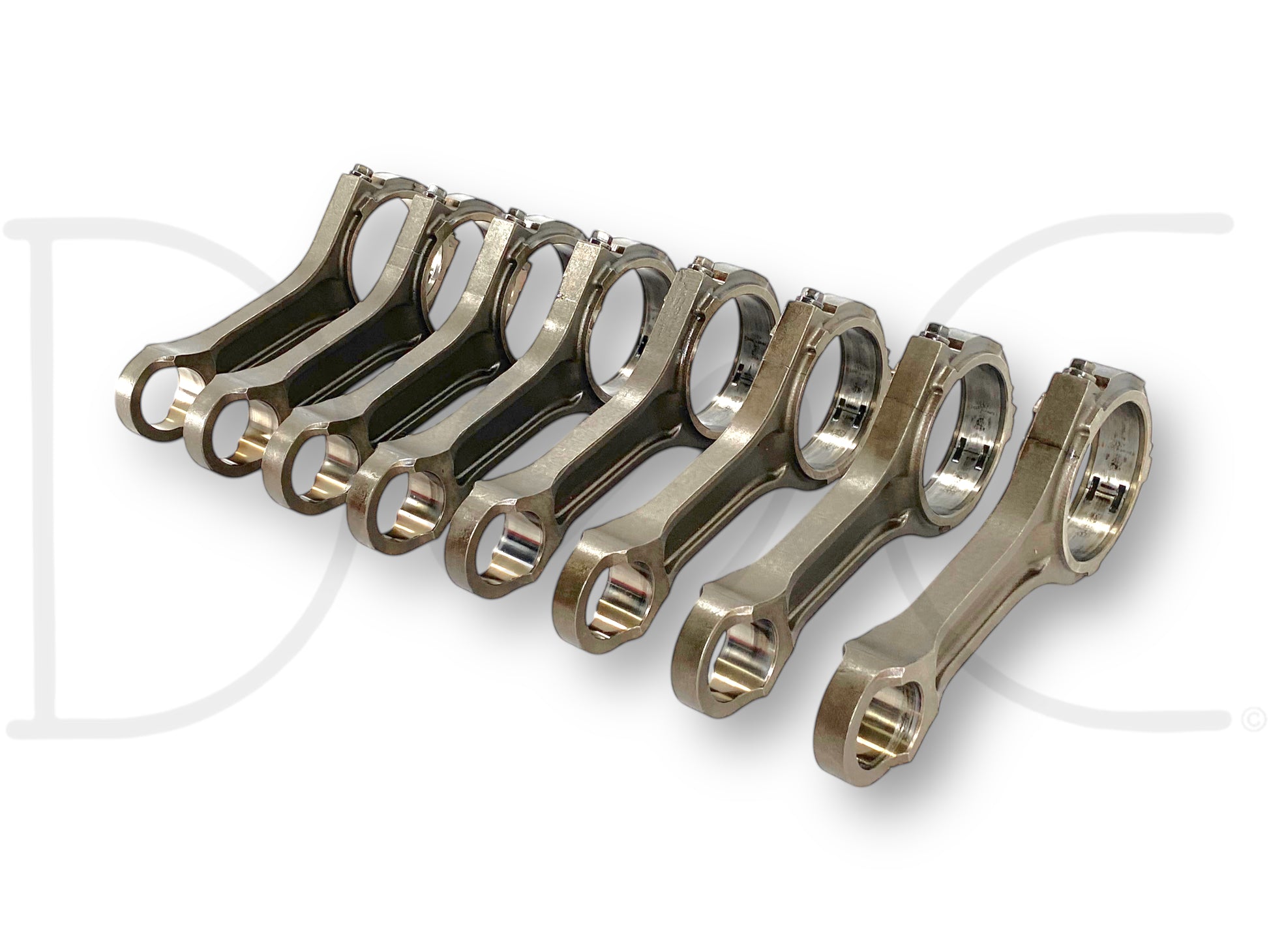 08-10 Ford 6.4 6.4L Powerstroke Diesel Connecting Rods OE Rod Set 1848256C1 arranged in a line, showing used condition with light wear, compatible with 2008-2010 Ford F-250, F-350, F-450, and F-550 Super Duty diesel engines.