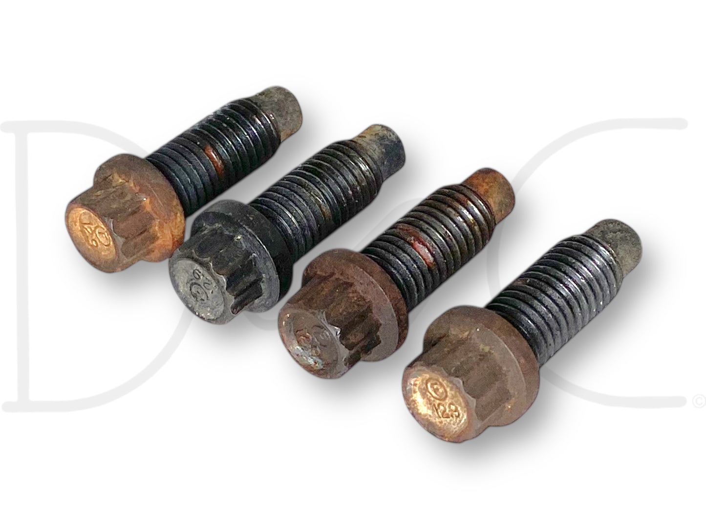Set of four used 99-10 Ford Super Duty F250 F350 Driveshaft To Flange Bolts OEM Bolt Set (4) with light wear and some rust, compatible with 6.4L Powerstroke models, removed from a 2008 Ford F-250 King Ranch diesel truck.